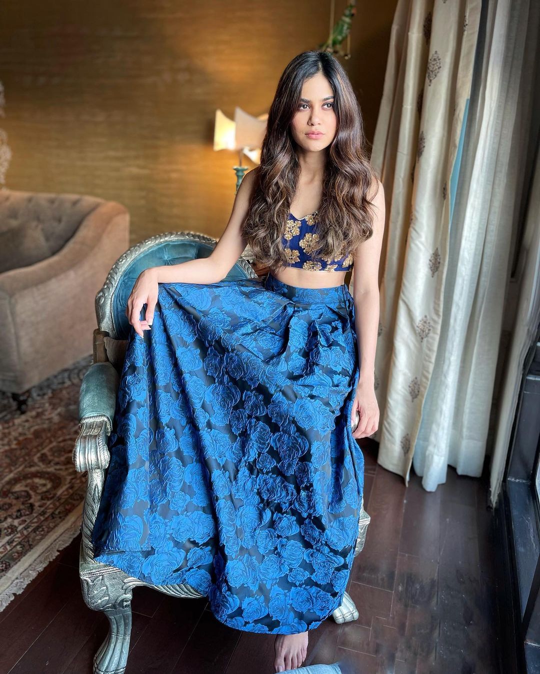 Aaditi In Festive Vibes Look With Elegant Royal Blue Crop Top with Skirt
