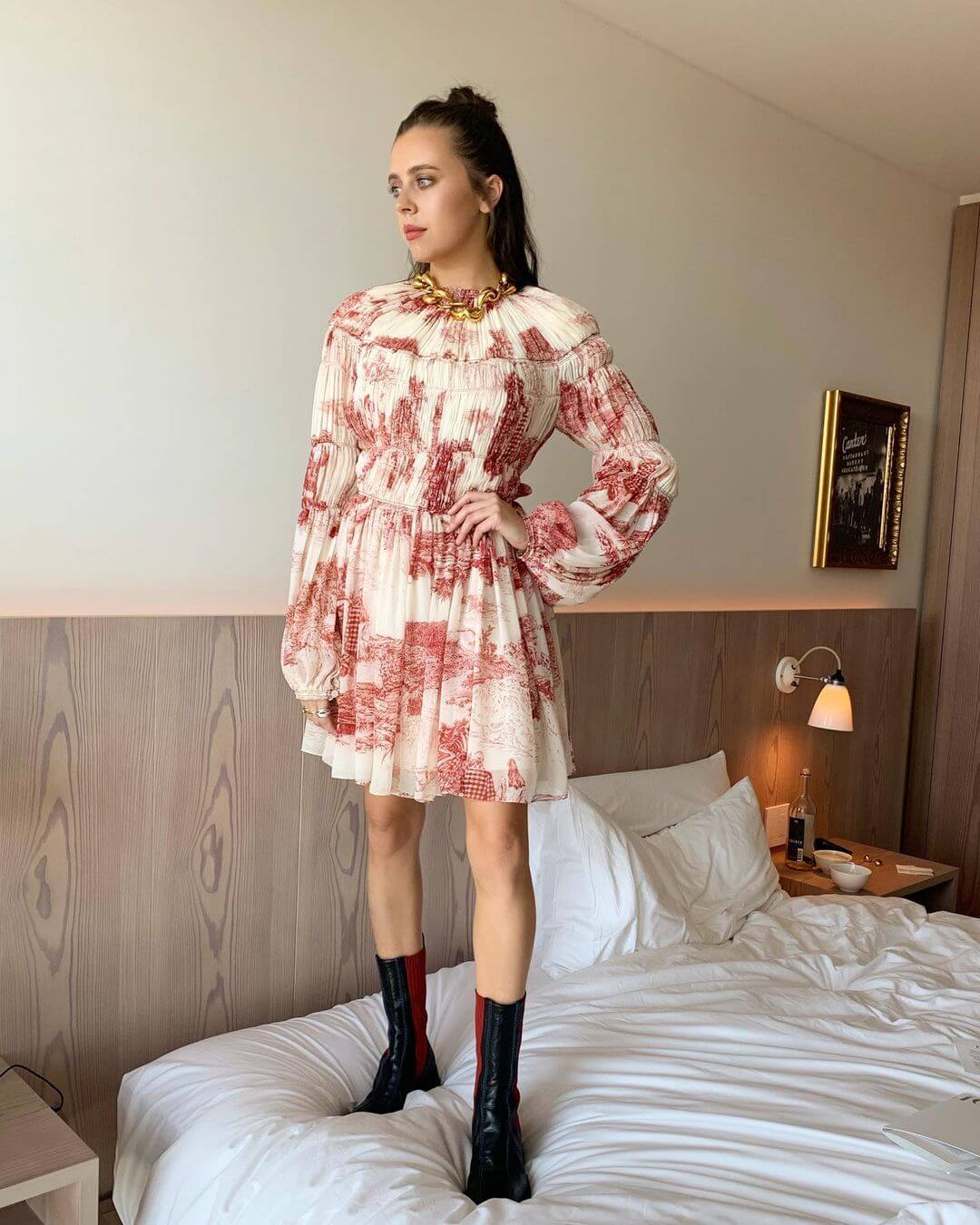 Bel Powley In Stunning Shade Cream Colored Crepe Mini Dress With Red Black Boot