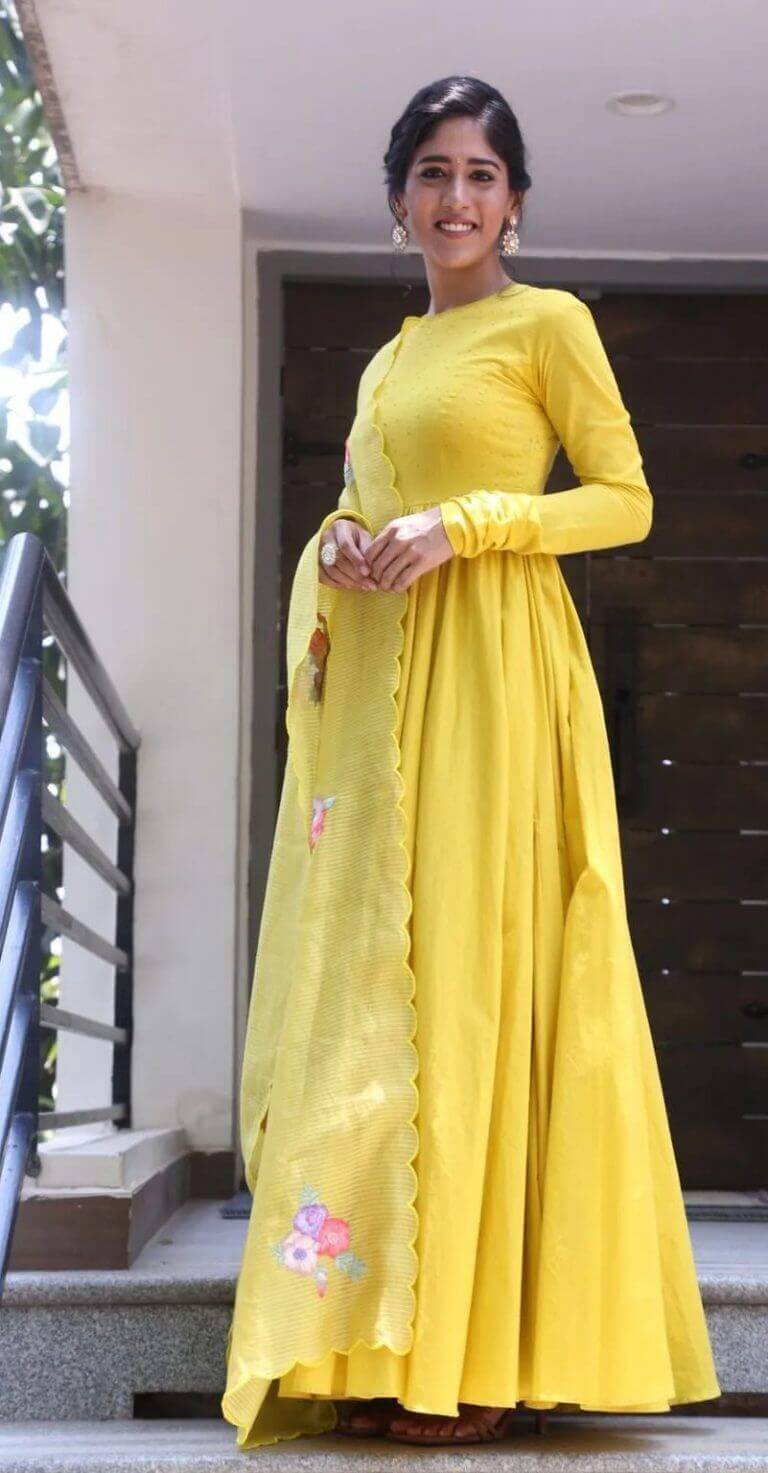 Chandini Graceful Look In Yellow Anarkali Suit Outfit Chandini Chowdary Simple Outfit , Style and Look