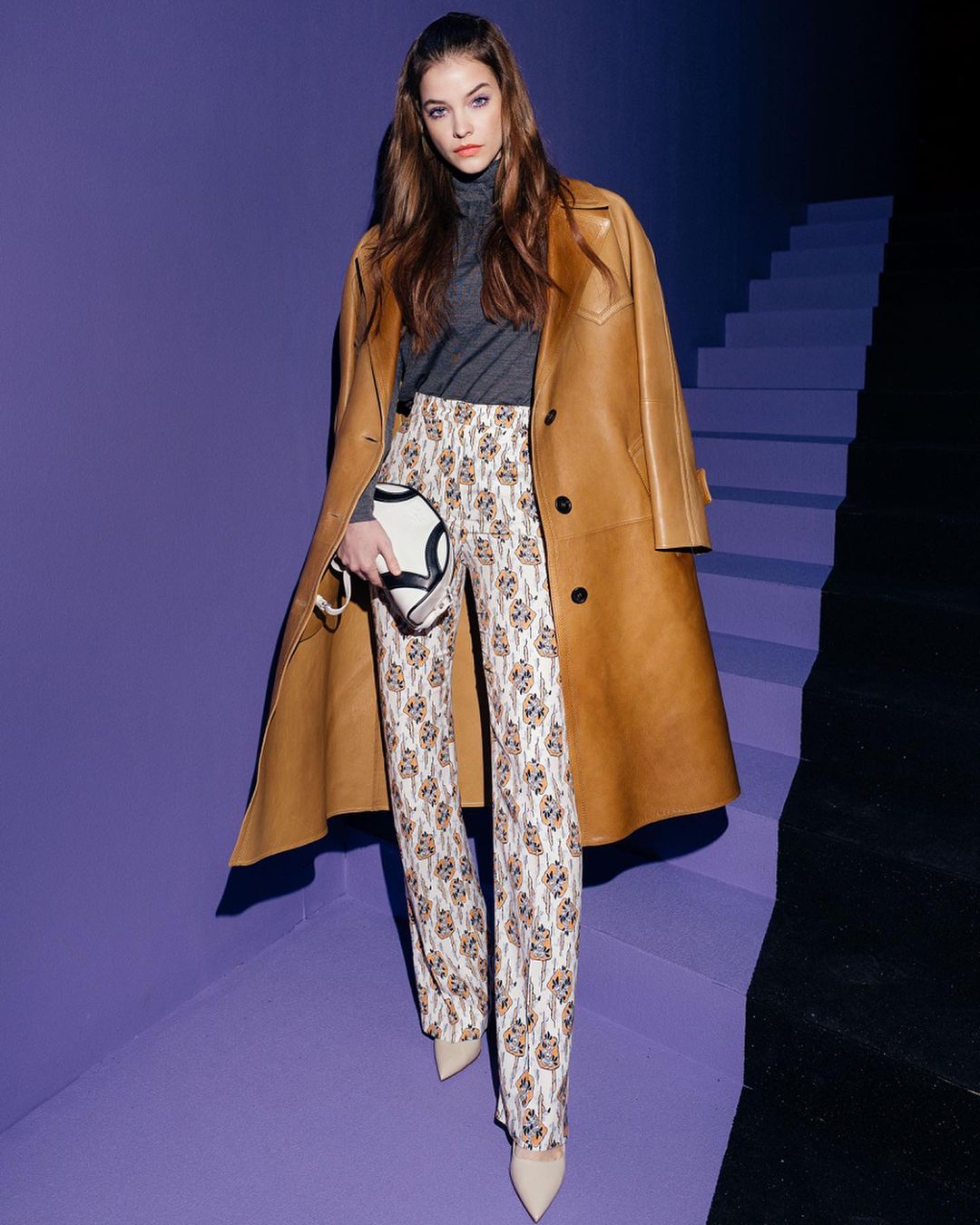Classy Babe In Highneck Top & Printed Pants Topped With Golden Brown Long Coat