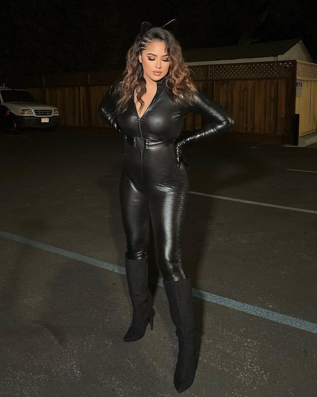 Cool Babe Jasmine In Stunning Black Colored Leather Jumpsuit