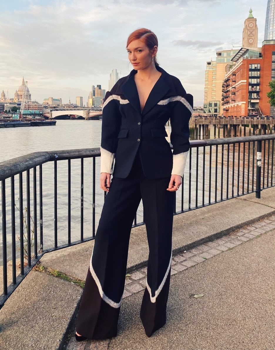 Eleanor Tomlinson In Dark Blue Colored Suit-Pant Fit With White Lined Embroidery