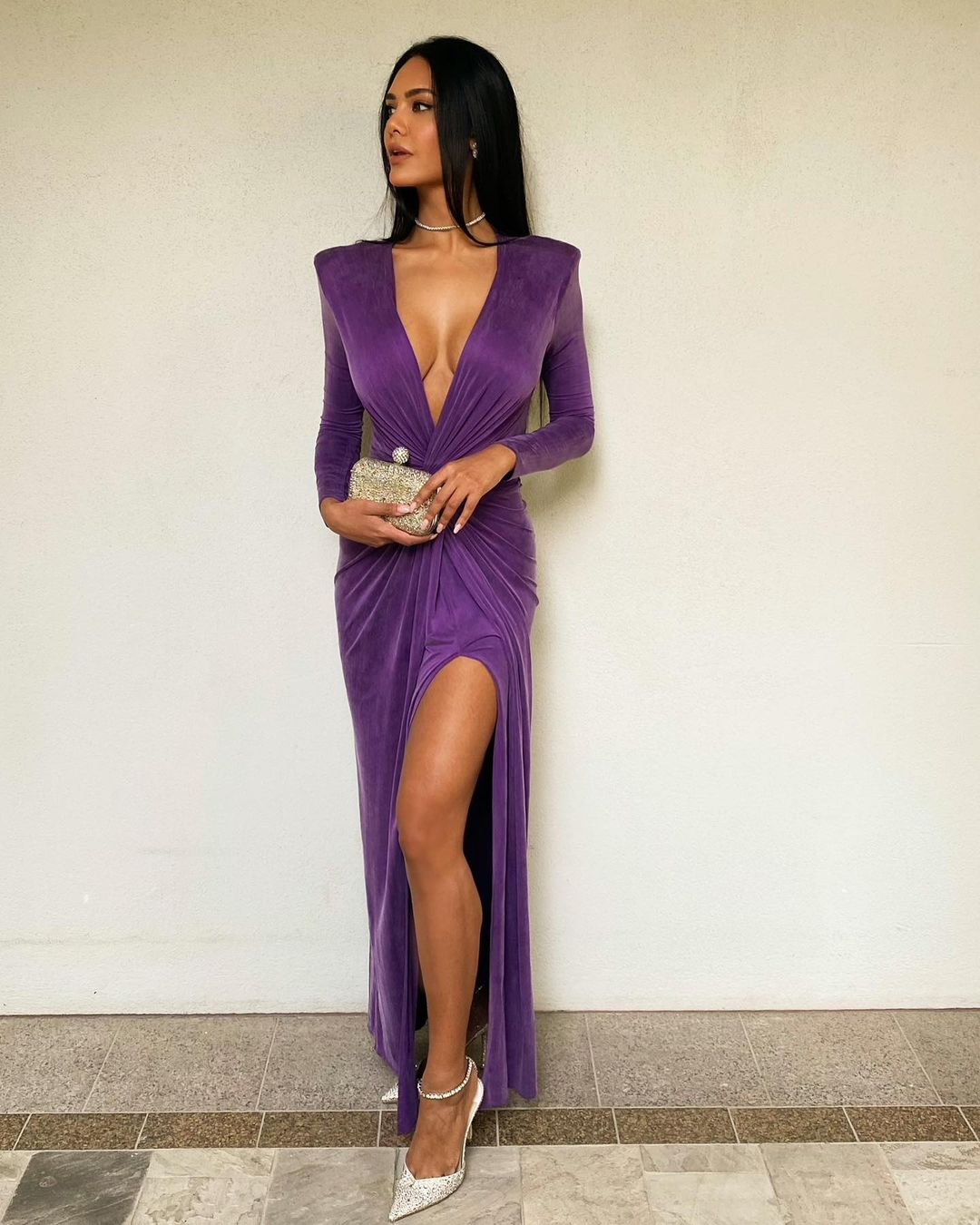 Esha Gupta's Fabulous Look In Velvet Purple Side SLit Gown