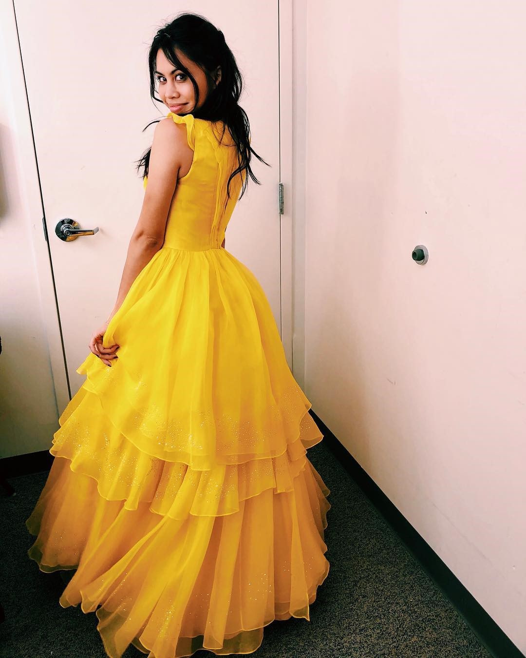 Glorious Ashley In Yellow Colored Ruffle Gown