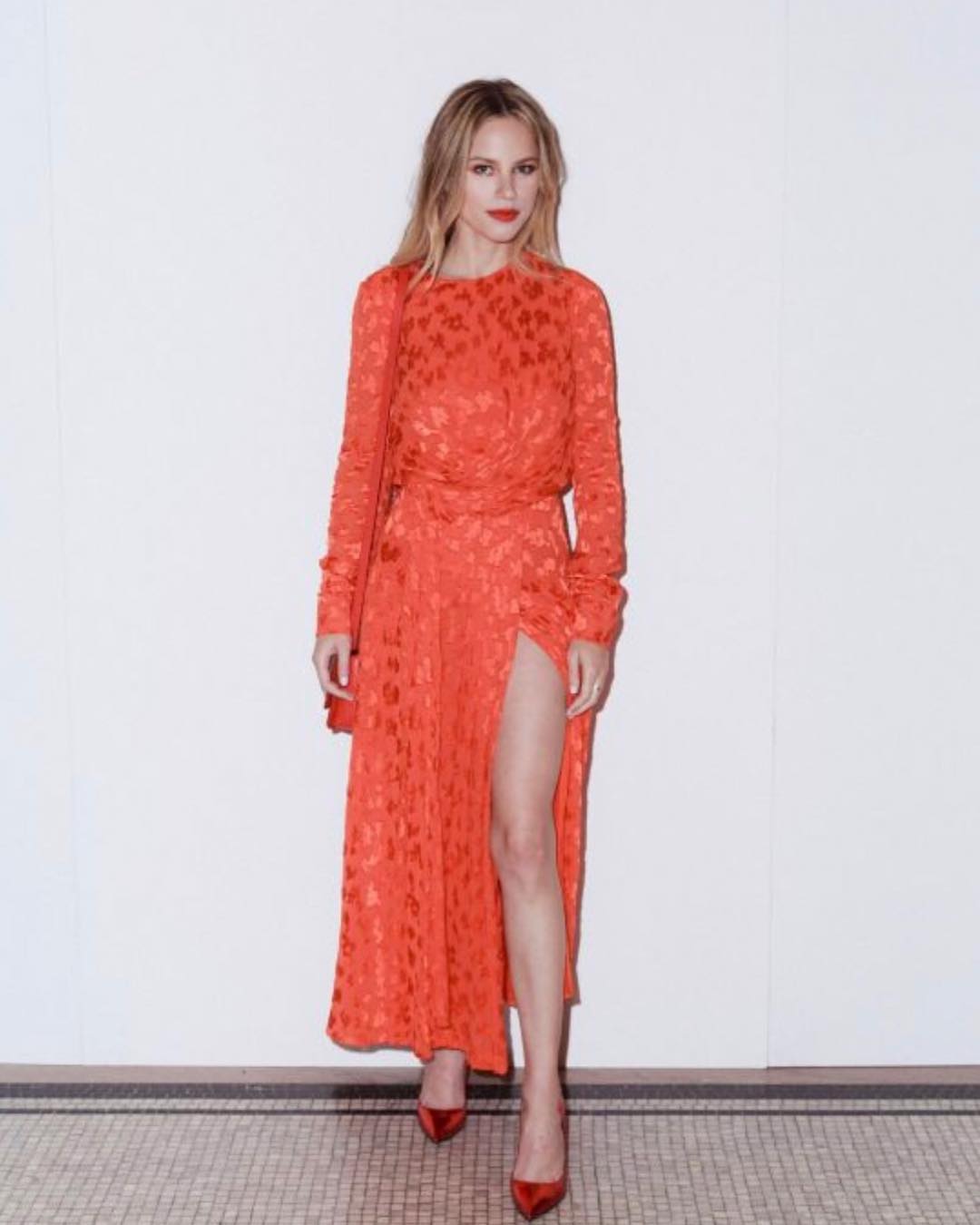 Glossy Halston in Neon-Orange Colored Side Slit One-Piece Dress