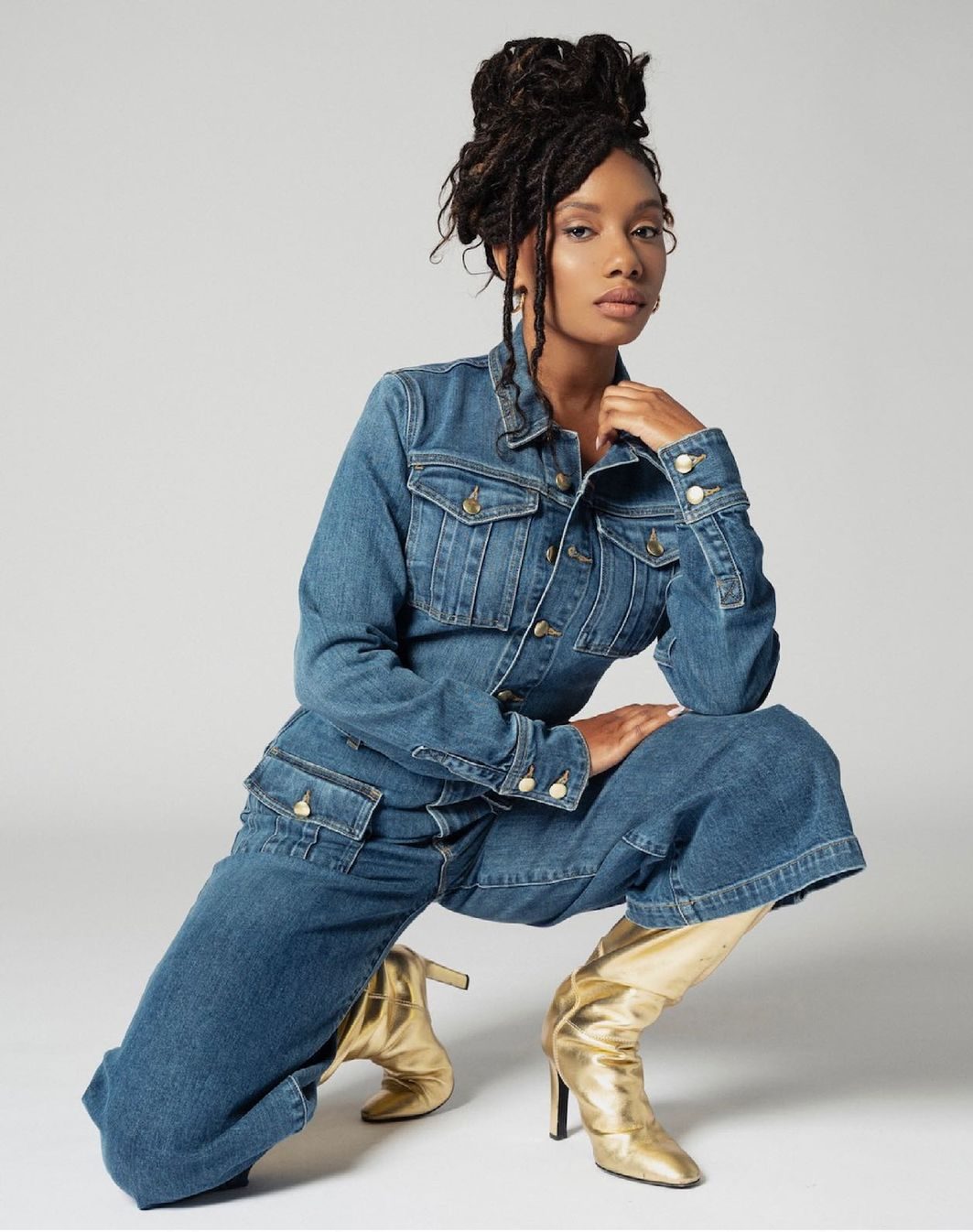 Imani Hakim's Stunning Look In Denim Co-ord Set With Golden Boot