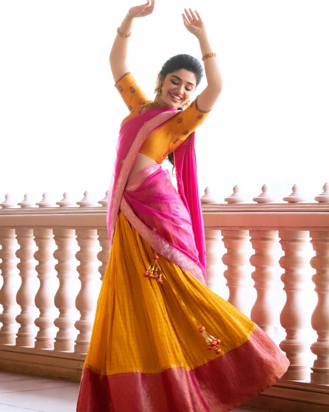 Krithi Shetty Look Gorgeous In Pink and Yellow Traditional South India Outfit