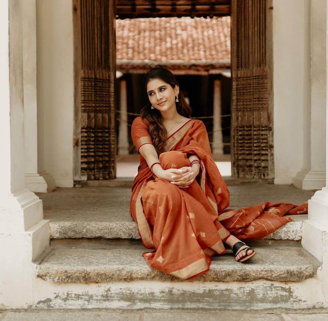 Nabha Natesh Look Elegant In Rusty Red Saree : Nabha Natesh Stylish and Traditional Outfit Looks
