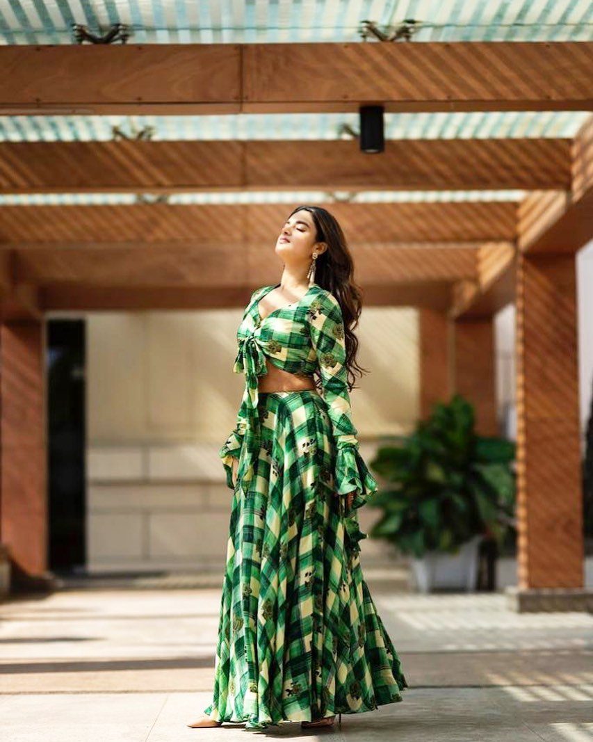 Nidhhi Looking Beautiful In Green Check Crop Top and Skirt Can Be Your Vacation Outfit : Nidhhi Agerwal Fashionable Outfit Is Must Have Wardrobe Look