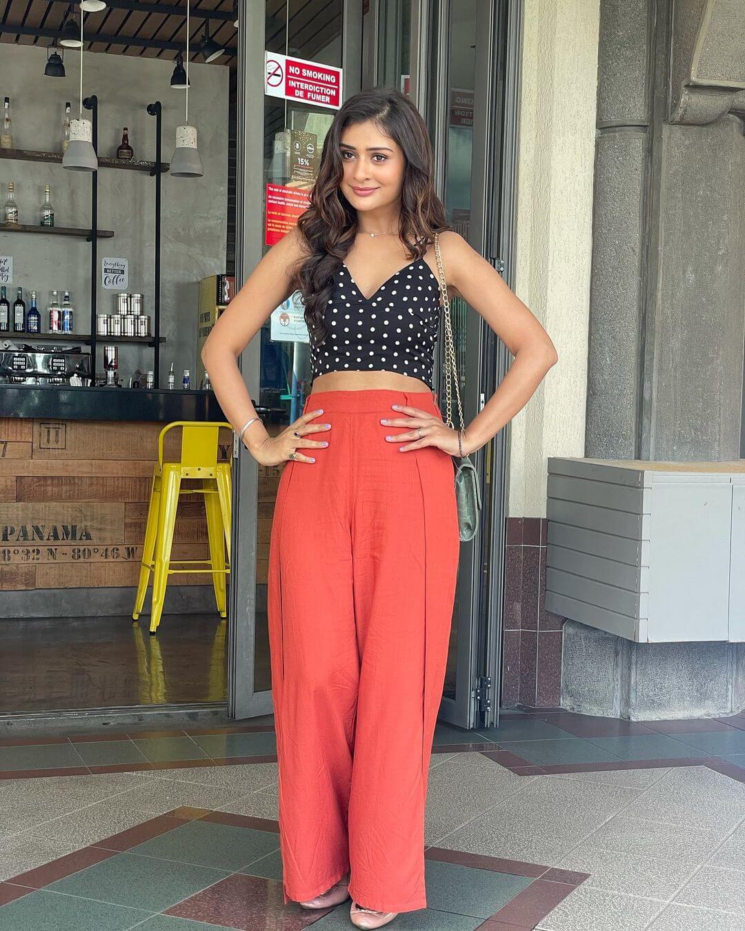 Paayal Rajput Look Cheerful In A Black Noodle Strip Crop Top With Red Flared Pants