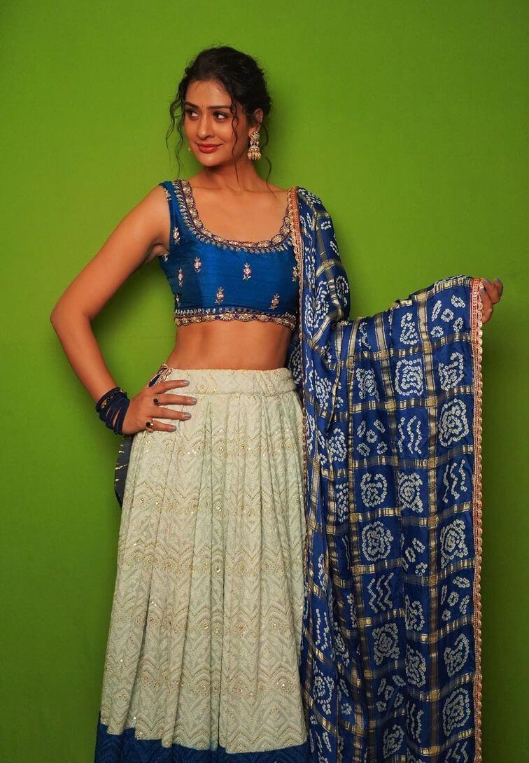 Payal Rajput In Blue and White Lehenga With Blue Bandhani Dupatta Outfit Payal Rajput Stylish Outfit and Looks