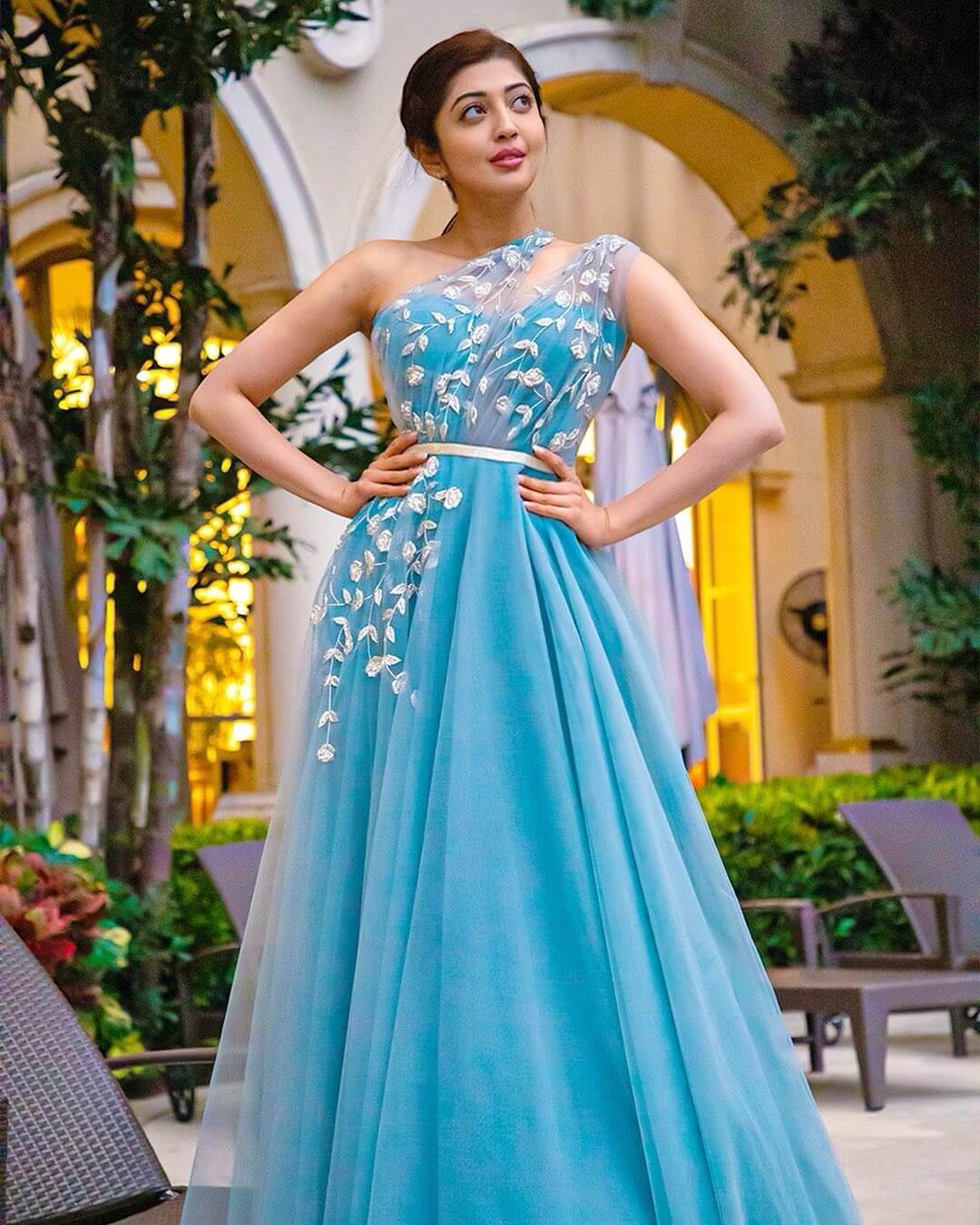 Pranitha Subhash Frozen Princess Inspired One Shoulder Maxi Dress Outfit Look gives us a Princess Vibes