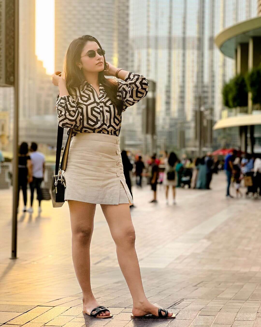 Priyanka Mohan In  Black Mosaic Print Top With Mini Skirt Outfit Priyanka Arul Mohan Traditional Outfit Looks Collection