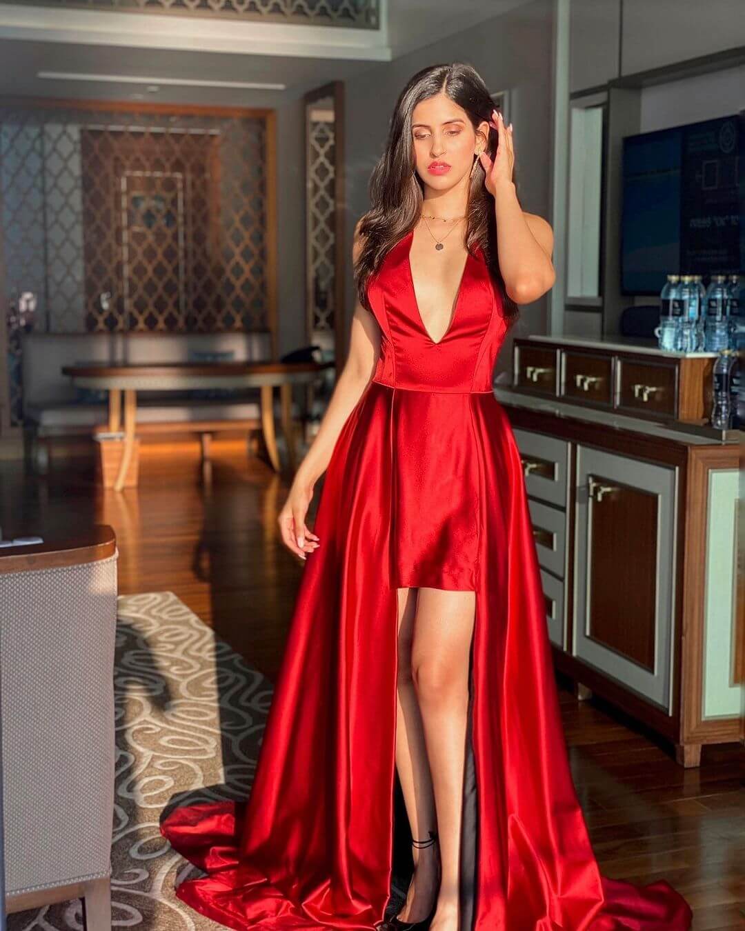 Sakshi Malikk Look In Sexy Deep Neck Red Dress