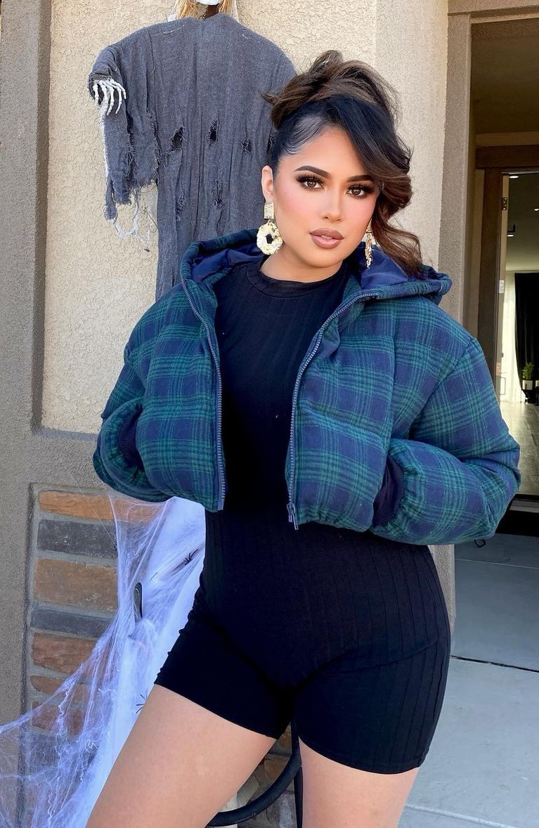 Sassy Jasmine In Dark Blue Romper Topped With Checkered Puffer Coat