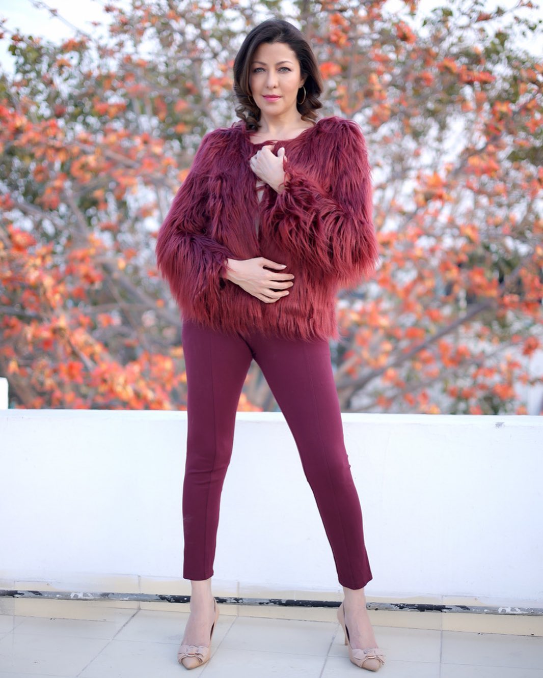 Sexy and Classy Aditi Govitrikar In Red Faux Fur Jacket and Pant Look