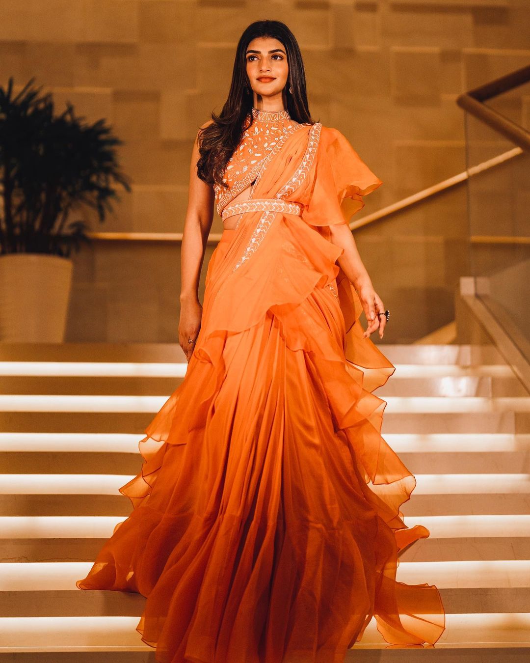 Sreeleela Look Beautiful In Orange Ruffle Saree Sreeleela Beautiful and Elegant Outfit Looks