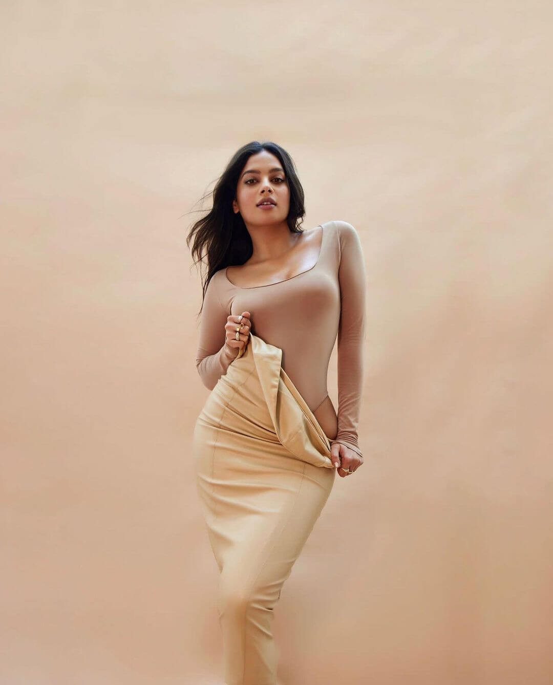Tanya Hope In Skin Tight Bodysuit Top With Beige Body Fit Skirt Outfit