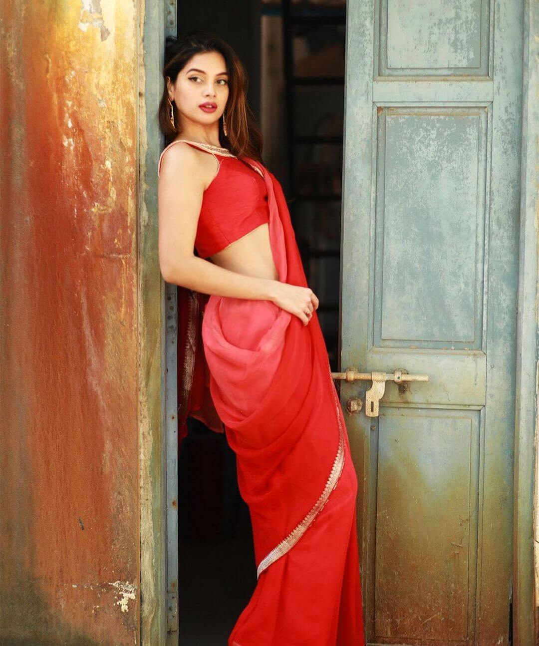 Tanya Hope Look Sizzling In Red Saree Outfit Tanya Hope Hot and Sizzling Looks Inspo