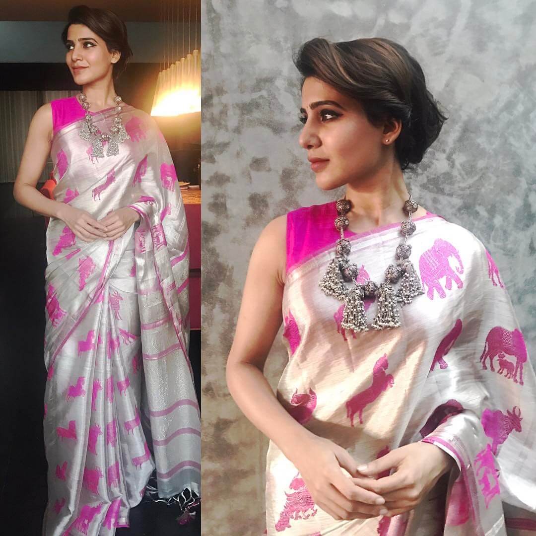 A Aa Telugu Movie Actress, Beautiful Look In Beautiful Pink And Samantha Saree DesignsWhite Saree