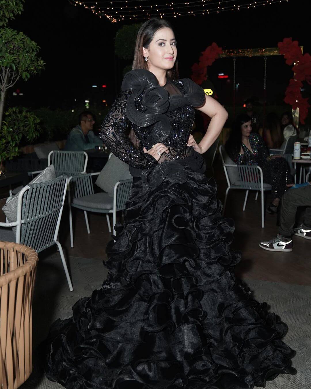 Aalisha Panwar In Black Glittery Ruffle Evening Gown