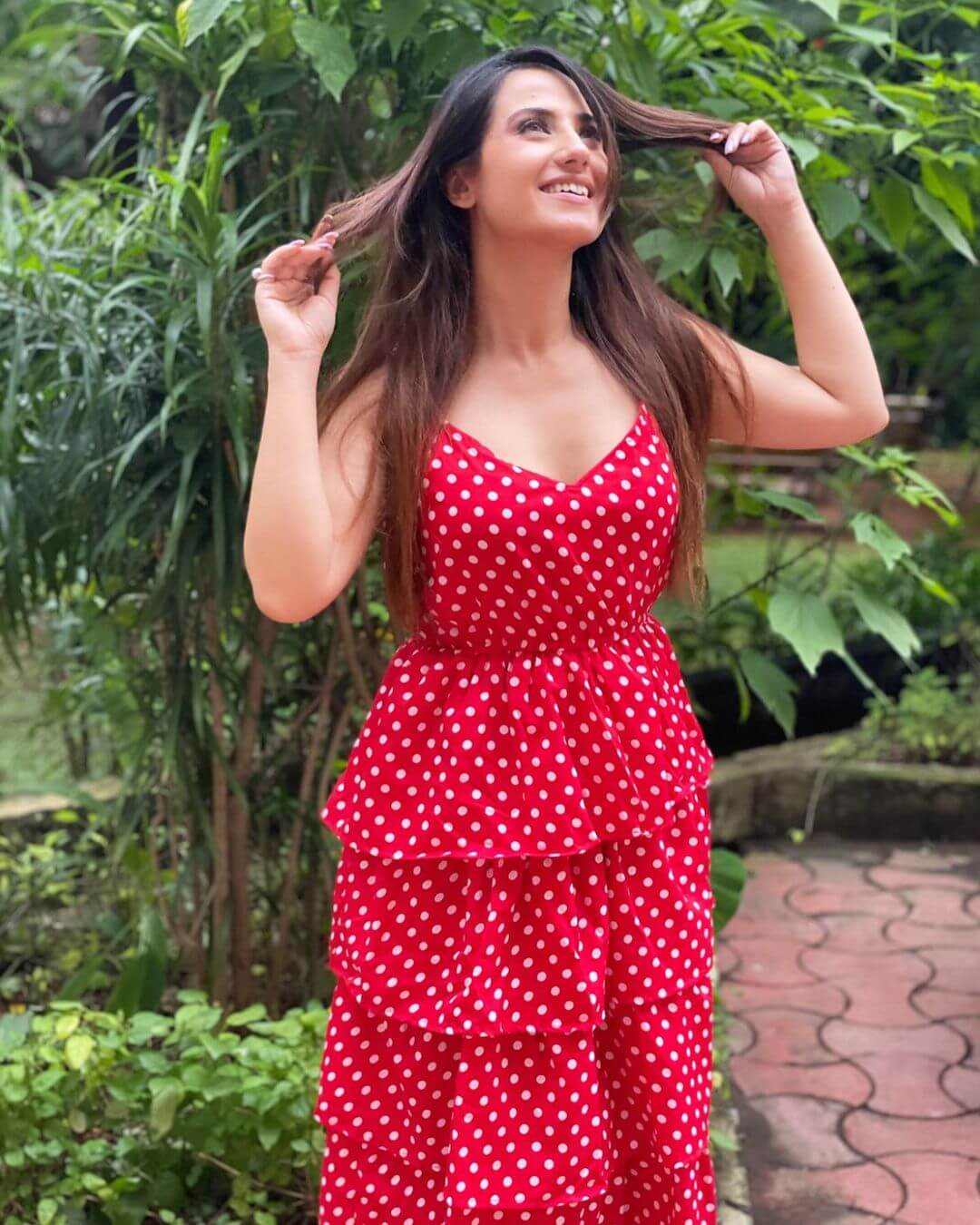 Aalisha Panwar In Red Polka Dot Long Dress Outfit