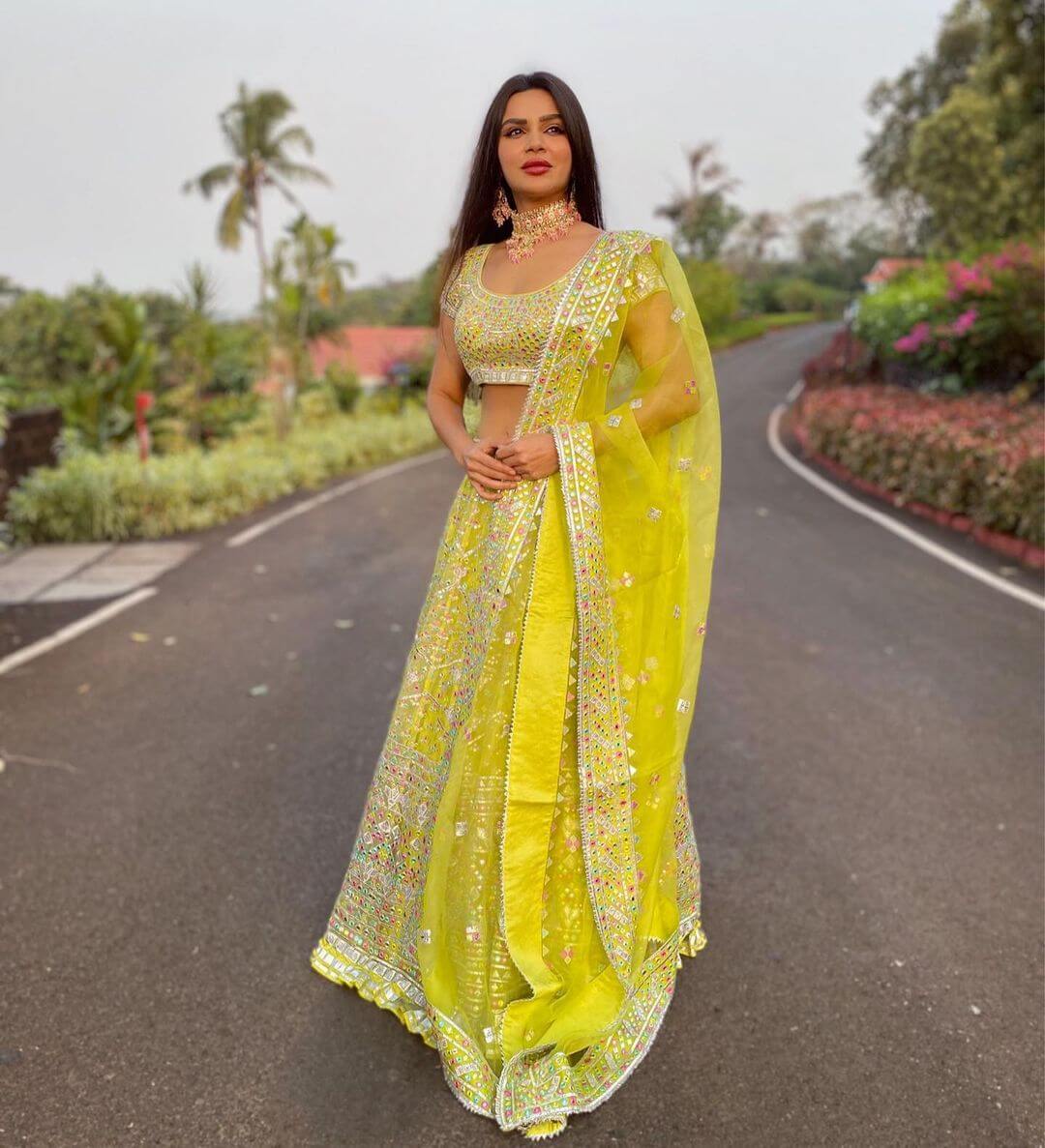 Aashika Goradia Dazzling Look In Yellow Mirror Work Lehenga Outfit