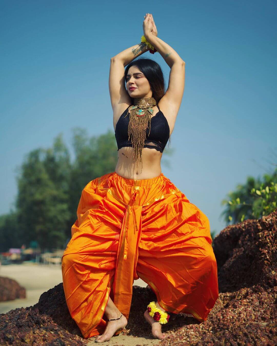 Aashika Goradia Slaying In Black Bralette With Orange Dhoti Outfit Aashka Goradia Sexy Outfit And Looks