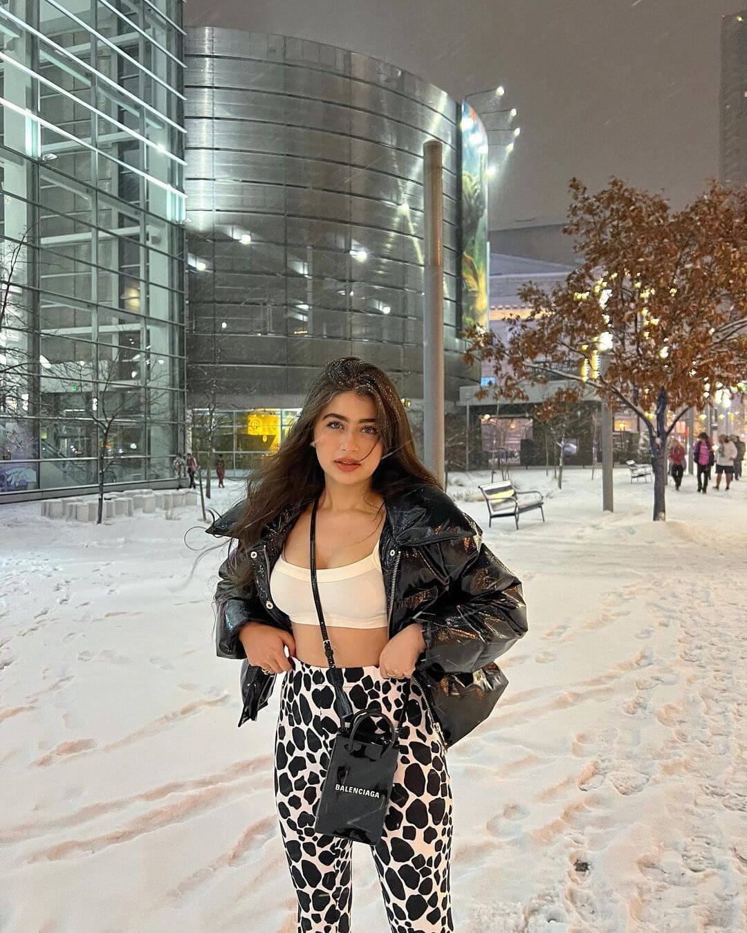 Aditi Gives Us Chill In Tiger Print Tights, White Crop Top, And Black Puffed Jacket