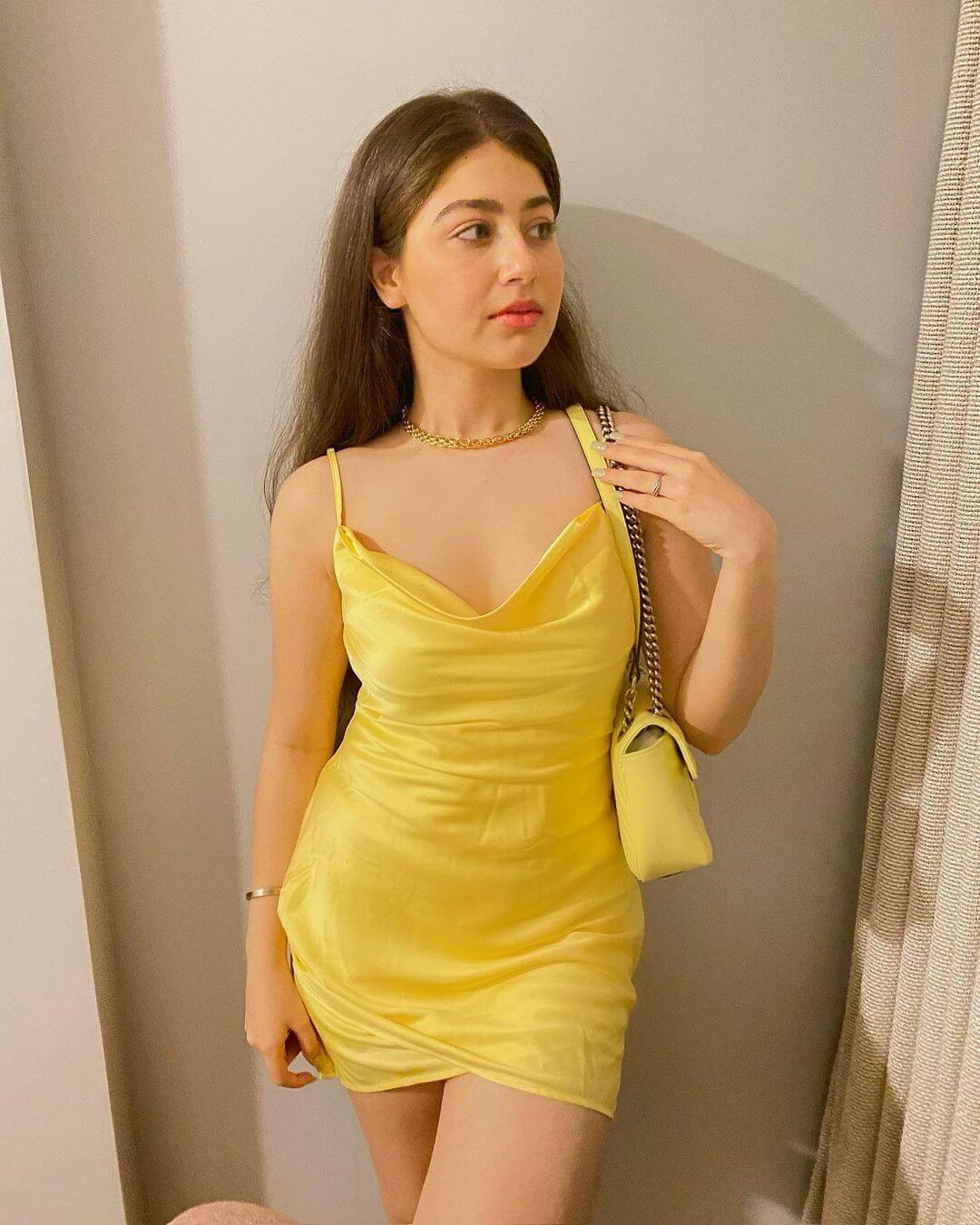 Aditi In Vibrant Yellow Satin Dress Outfit
