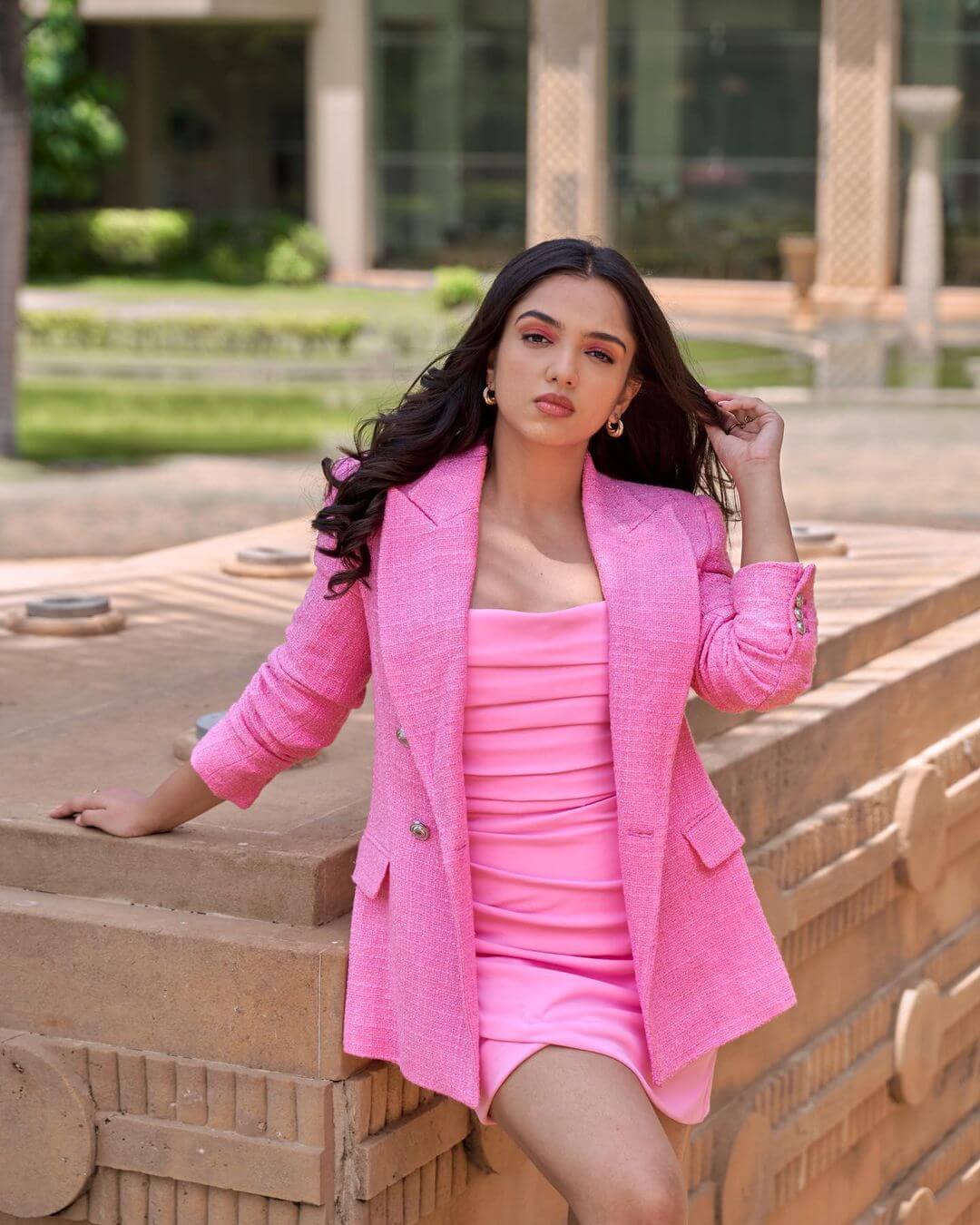 Ahsaas Channa In Pink Ruched Dress With Pink Coat