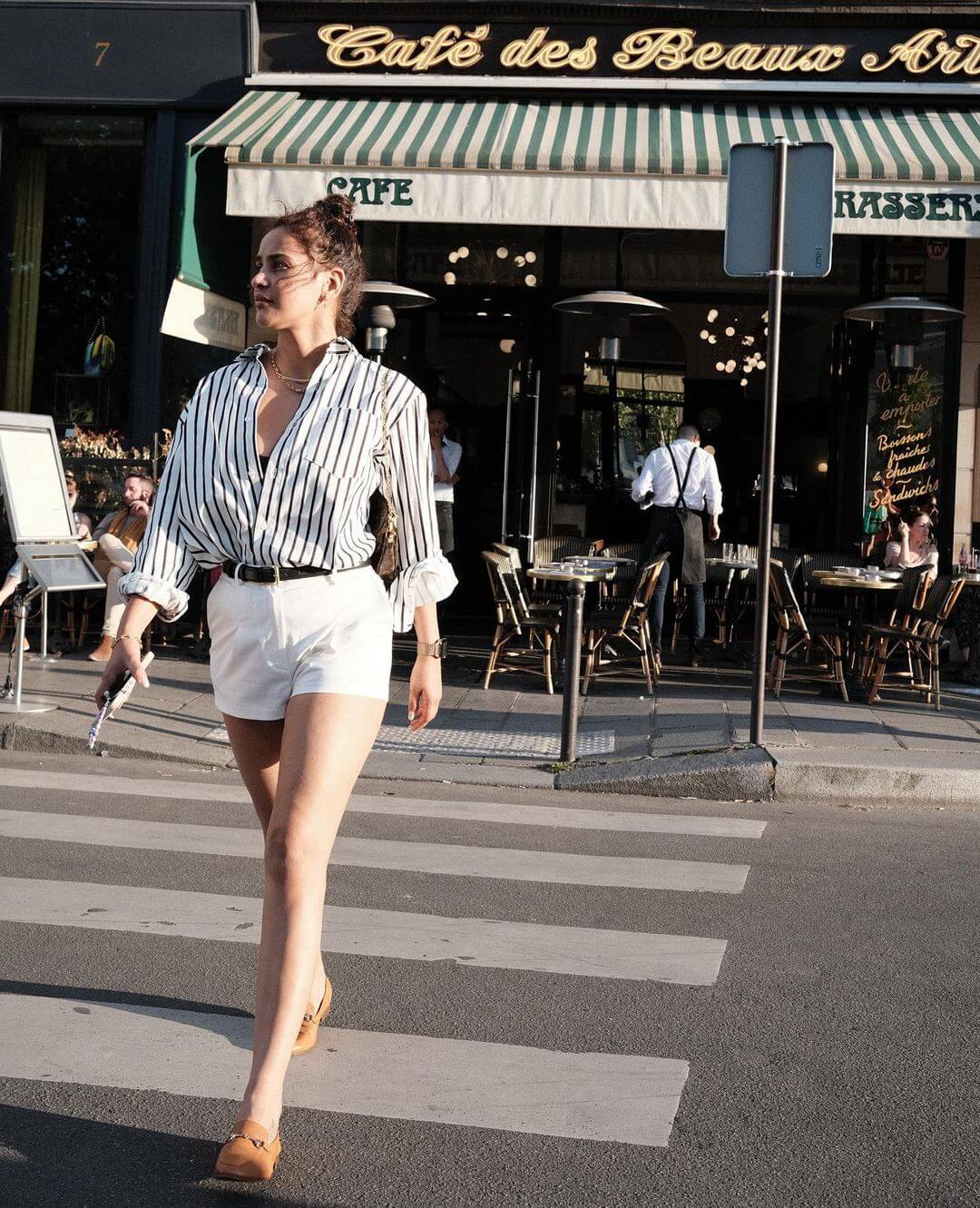 Aisha Sharma Chic Look In White And Black Striped Shirt White White Shorts