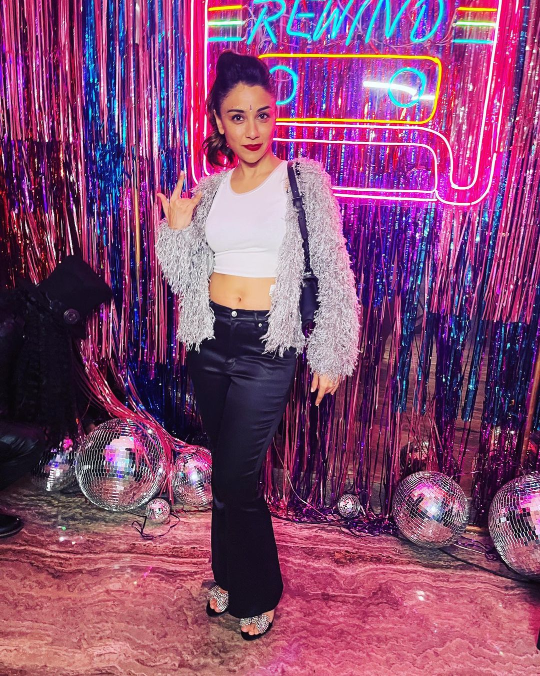 Amrita Puri Dazzling Look In Glittery Faux Fur Sliver Jacket With Casuals