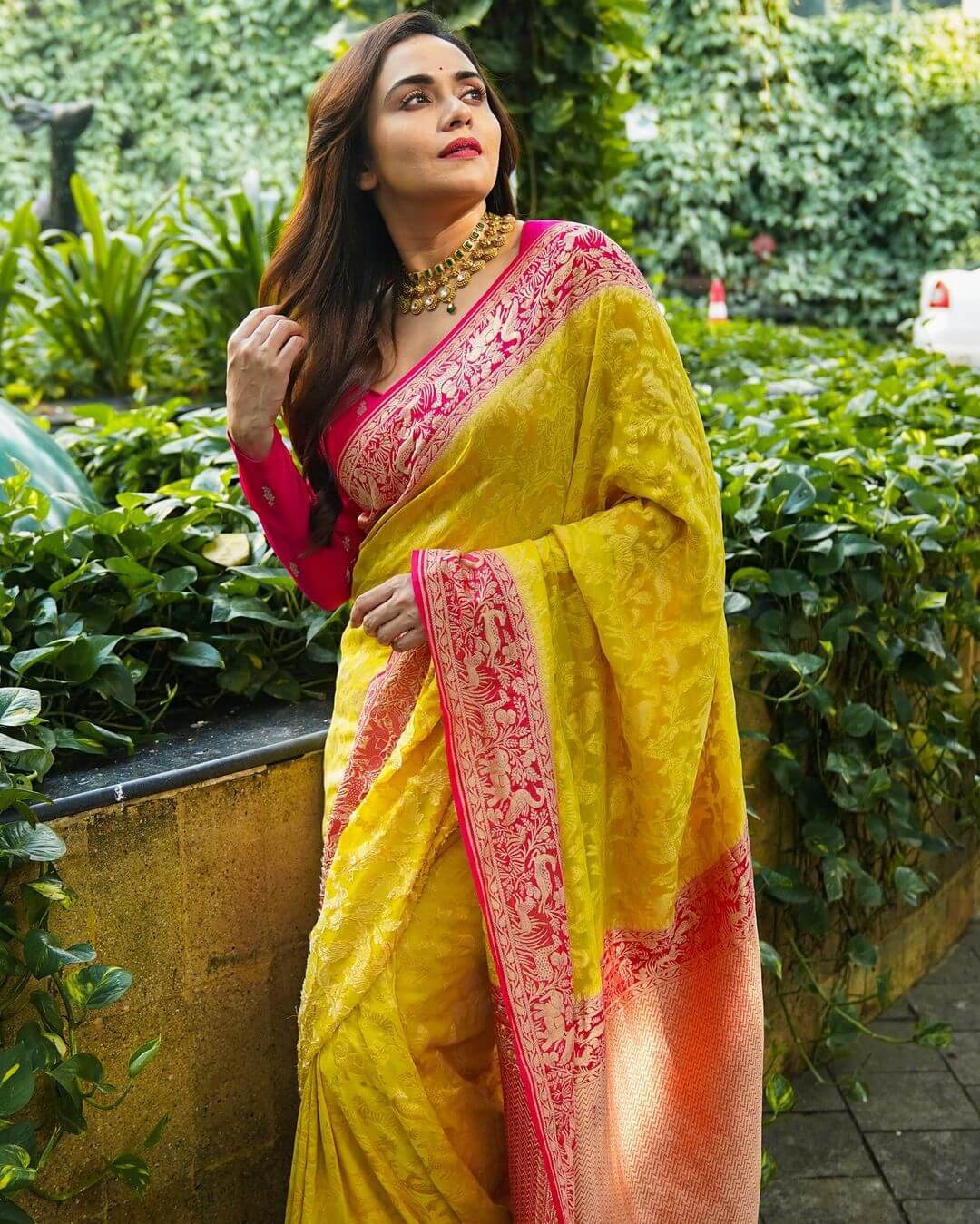 Amruta Khanvilkar In Pink And Yellow Saree With Matching Full Sleeves Blouse Amruta Khanvilkar Inspired Outfits, Fashion And Style