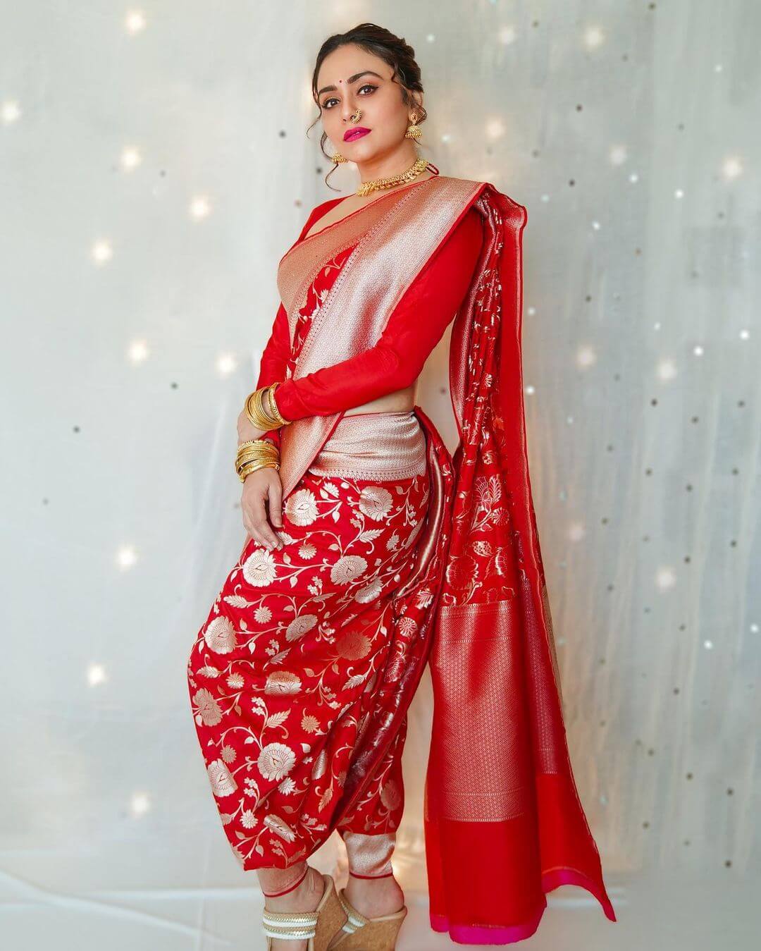 Amruta Khanvilkar In Traditional Red Banarasi Saree Amruta Khanvilkar Inspired Outfits, Fashion And Style
