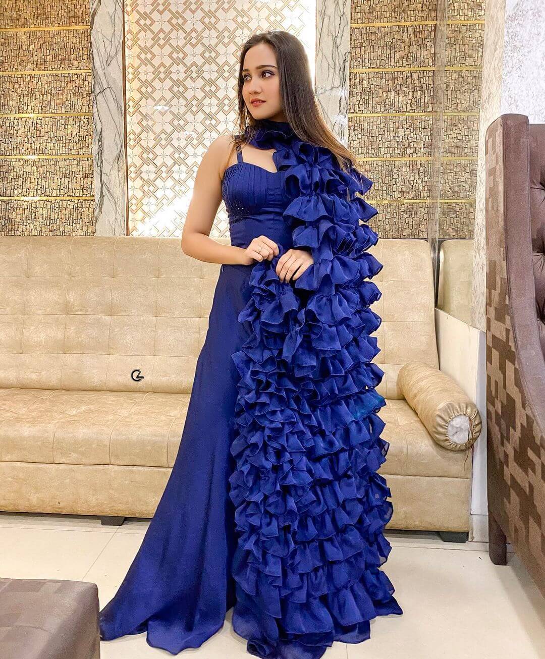 Ashi Sigh Gives Us Vintage Vibes In Blue Ruffle Gown Outfit Ashi Singh Fabulous Outfit and Style