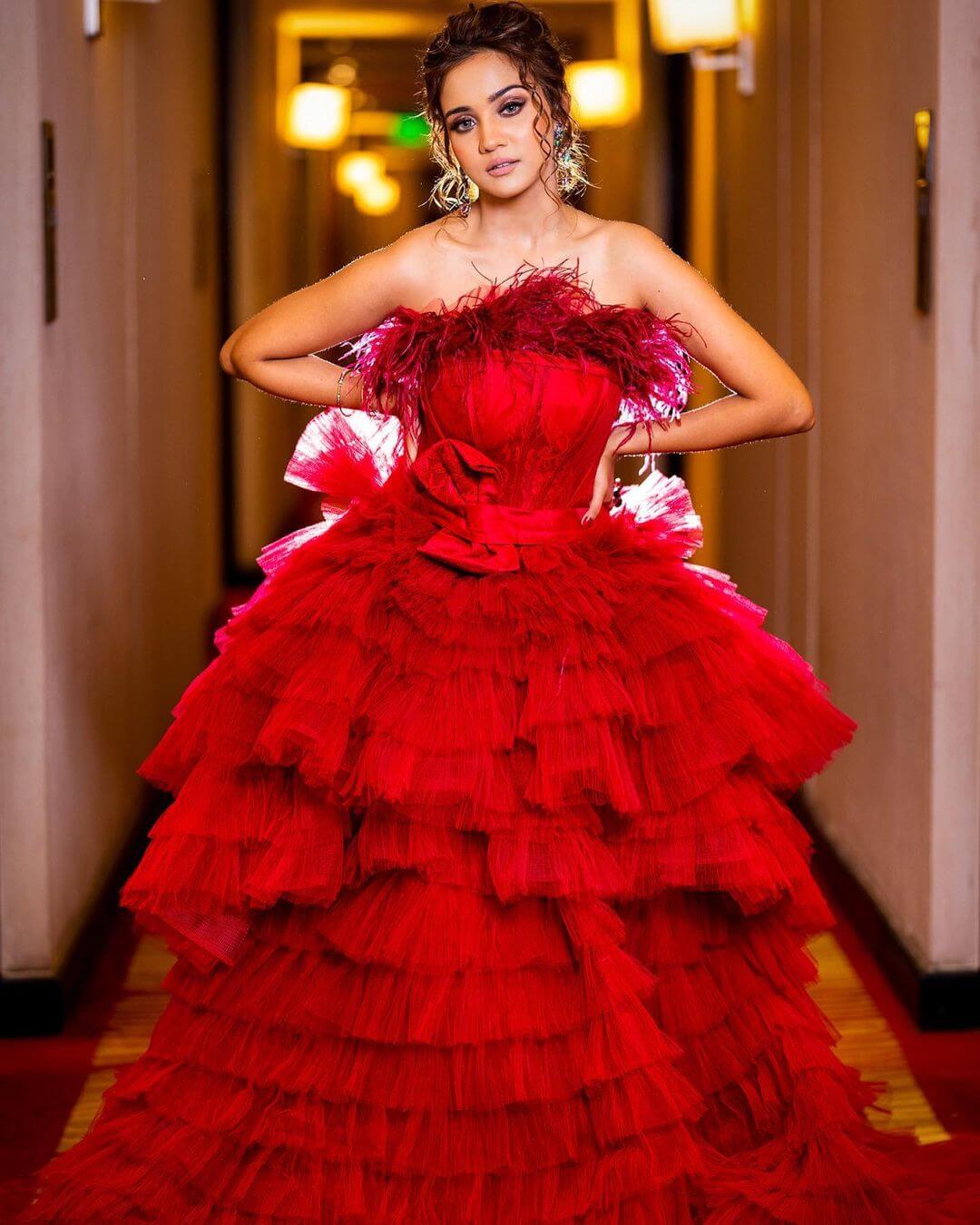 Ashi Singh Look Gorgeous In Red Off Shoulder Ruffle Gown Outfit