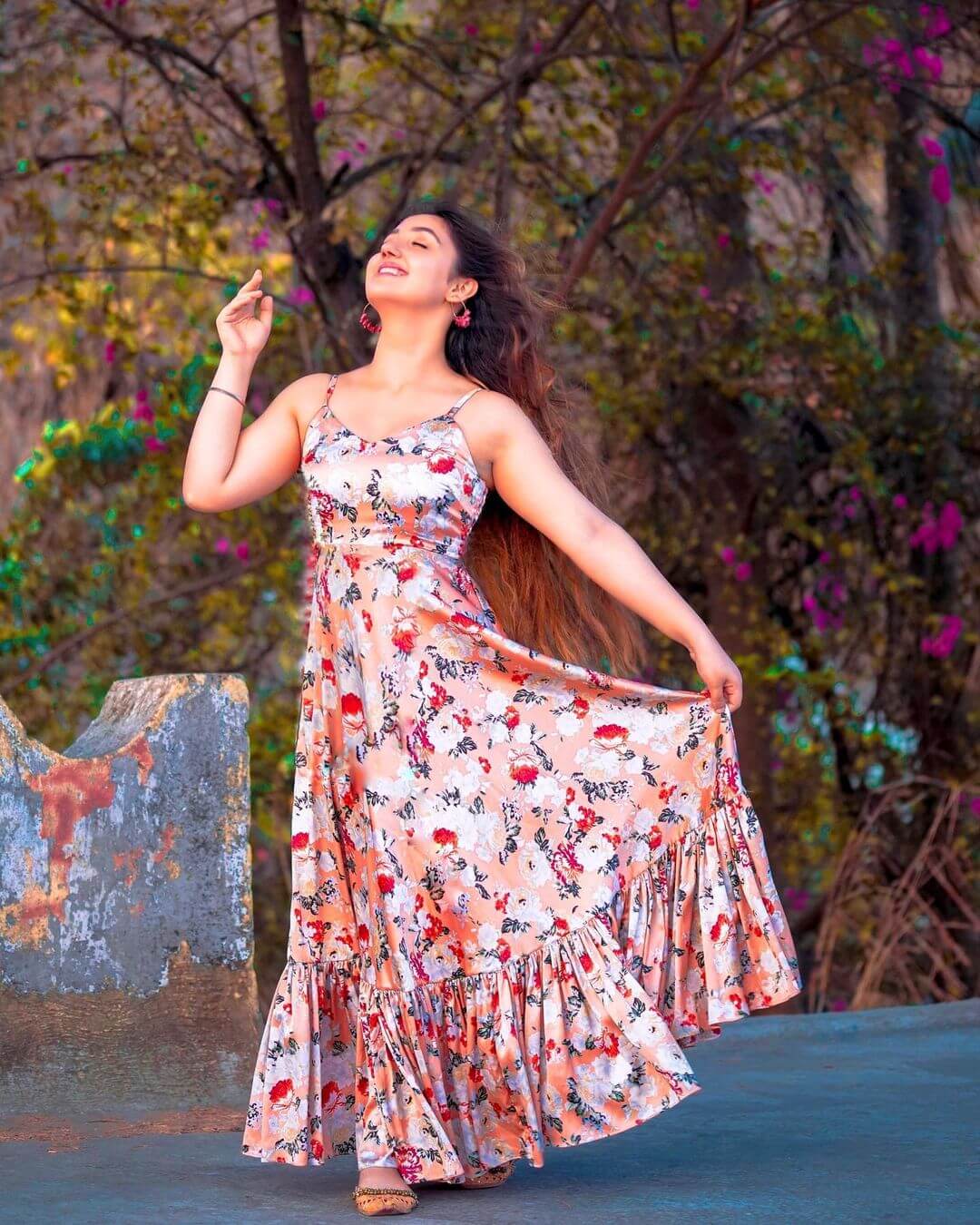 Ashnoor Kaur Charming Look In Noodle Strap Flora Print Satin Long Gown - K4  Fashion