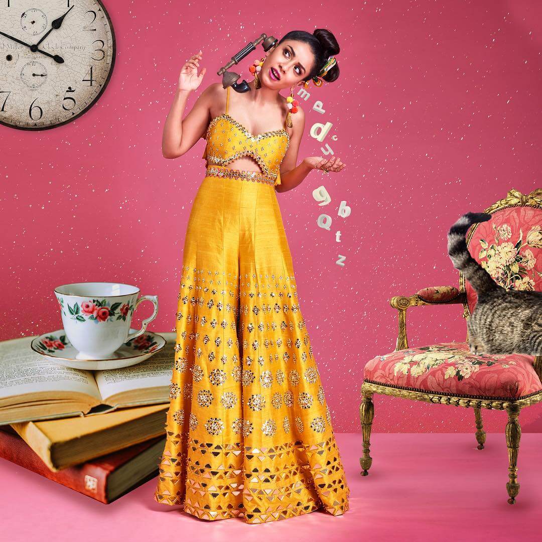 Beautiful Amrita Puri In Spaghetti Strap Yellow Blouse With Sharara Set Outfit