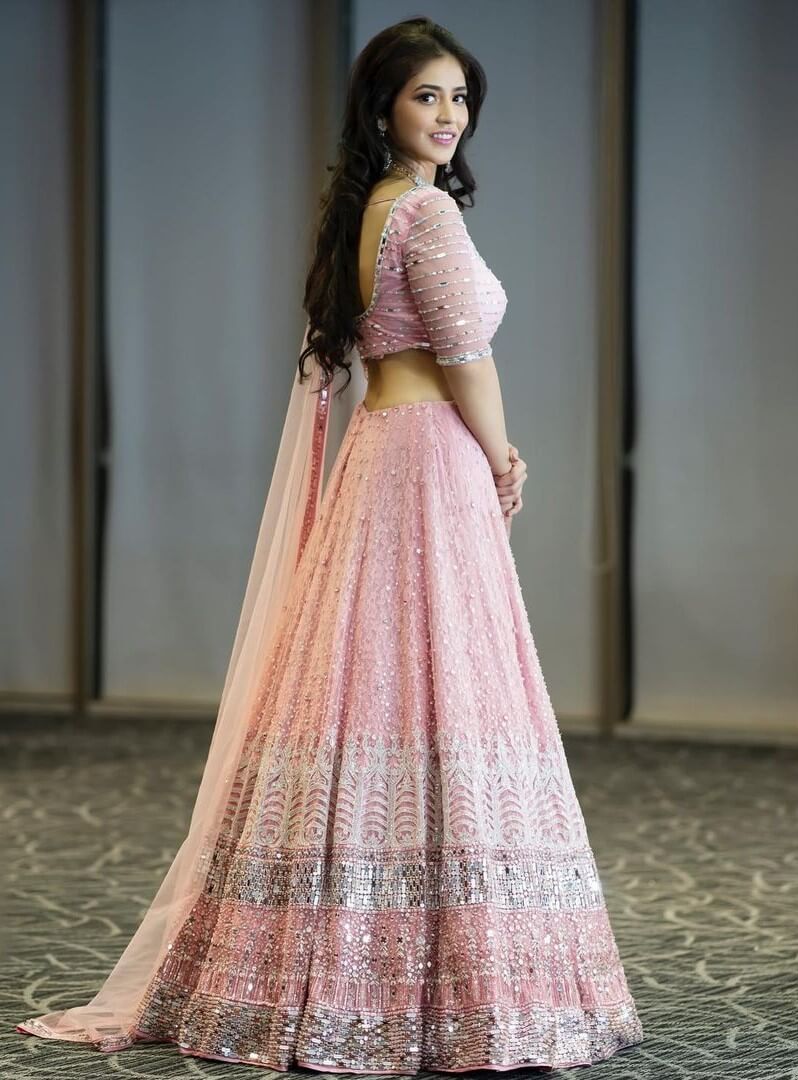 Beautiful Priyanka In Mirror Work Pink Lehenga Outfit