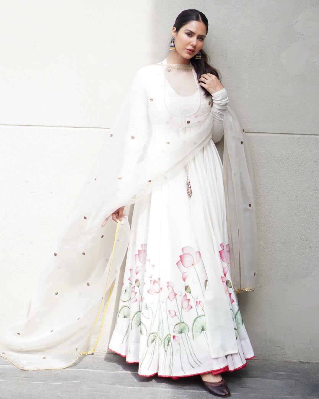 Beautiful Sonam Bajwa In White Floral Print Anarkali Suit Outfit Sonam Bajwa Desi and Elegant Outfit Looks