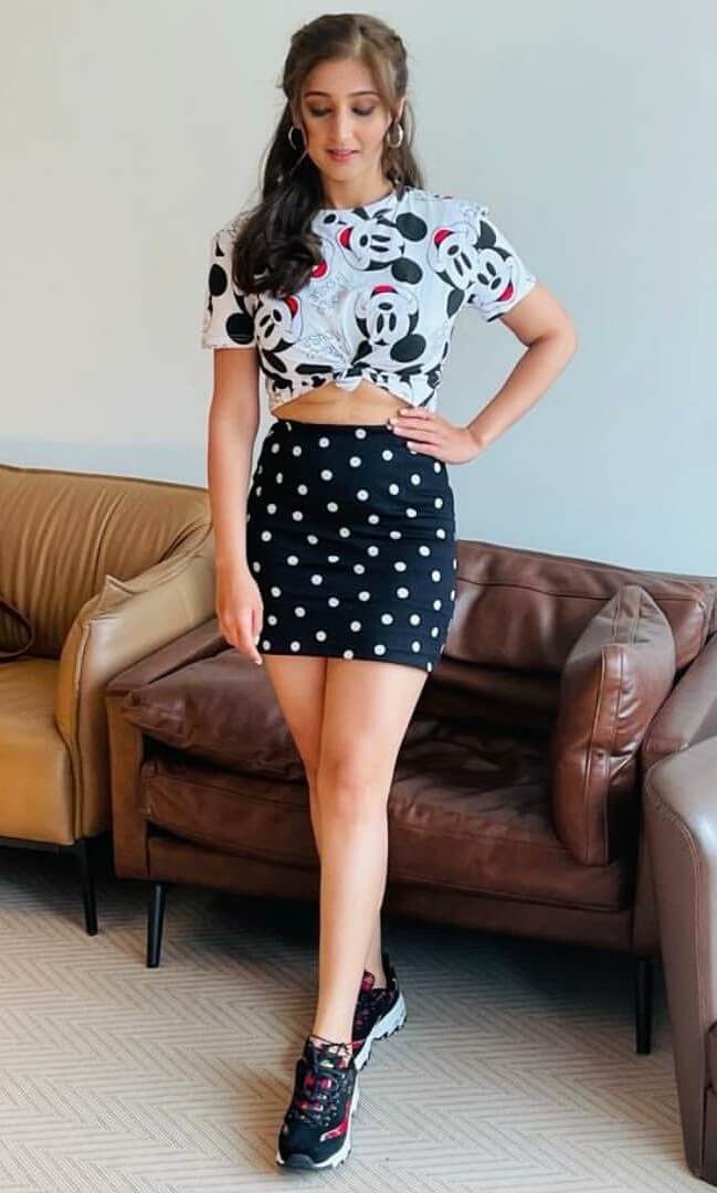 Dhvani Bhanushali Look Pretty In Micky Mouse Print Crop Top With Black Polka Dot Bodycon Skirt
