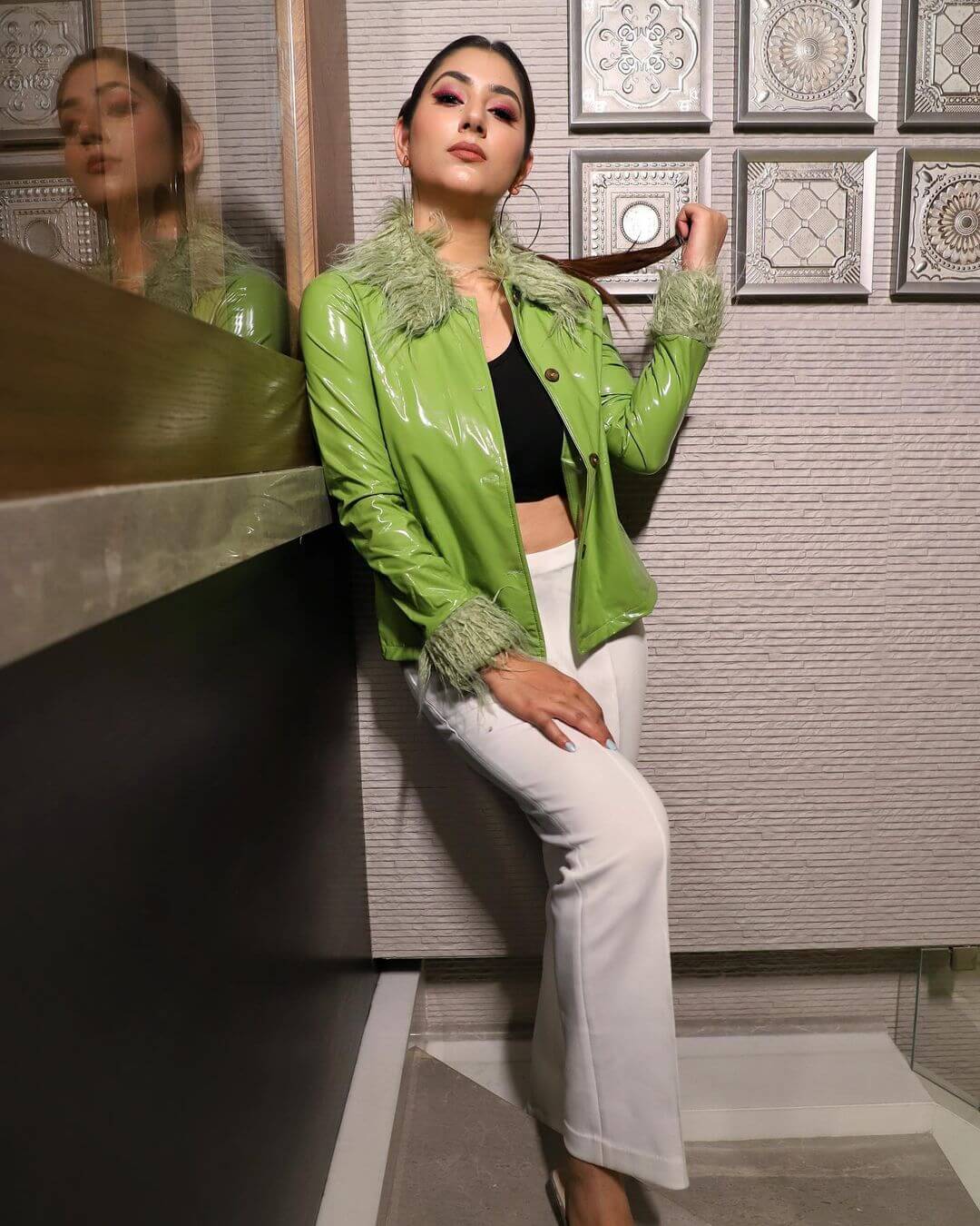Disha Peppy Look In Green  Leather Jacket With White Pants