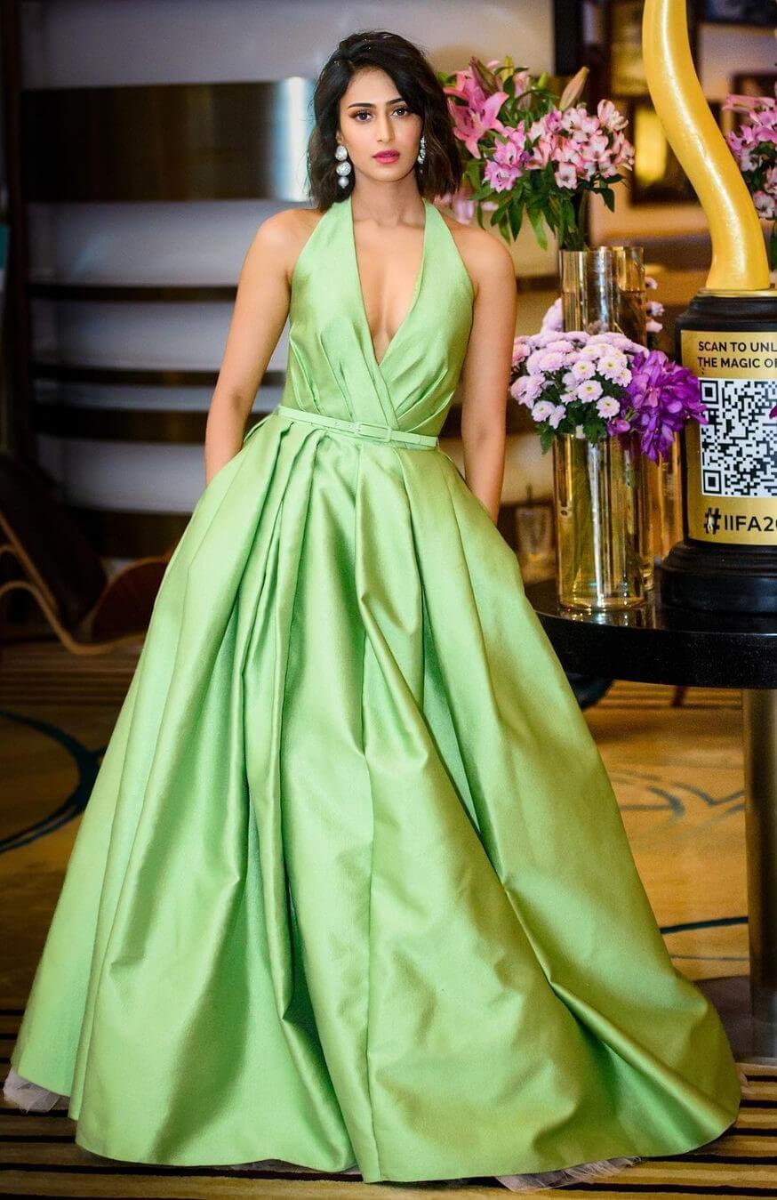 Erica In Green Deep Plunging Neck Full Flared Gown Outfit