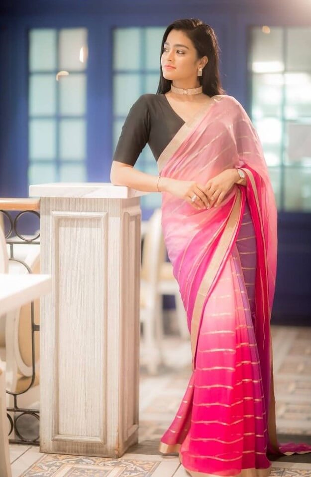 Dual Shade Semi Chiffon Saree With Zari Border-Pastel Pink – Banarasikargha