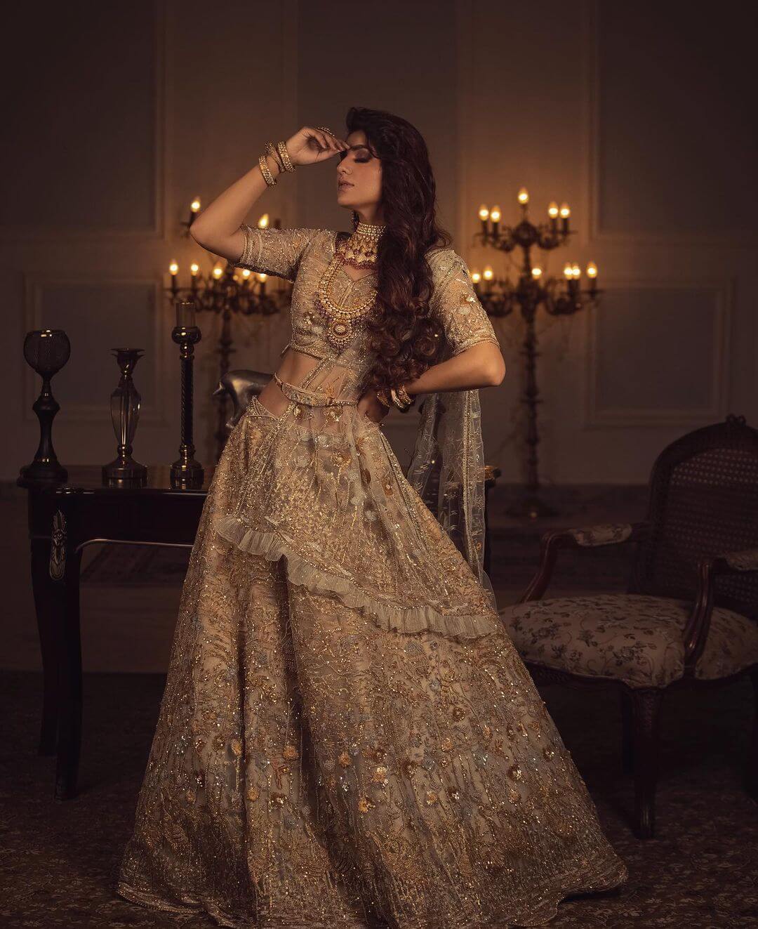 Ginni Kapoor Bridal Look In Golden Heavy Embroidery Lehenga Outfit