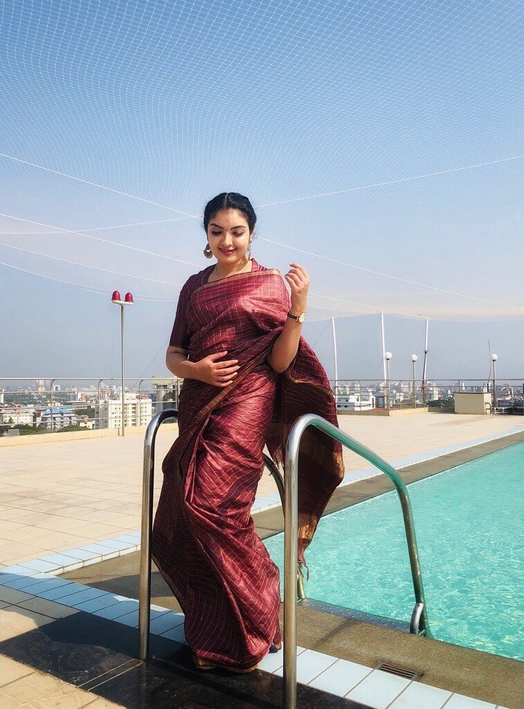 Malavika Nair Look Gorgeous In Rusty Brown Saree With Halter Blouse Malavika Nair Traditional Outfit And Looks