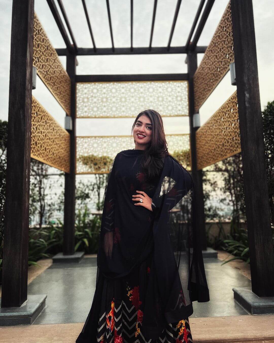 Nazriya Nazim in Printed Black Ananrkali Suit Set