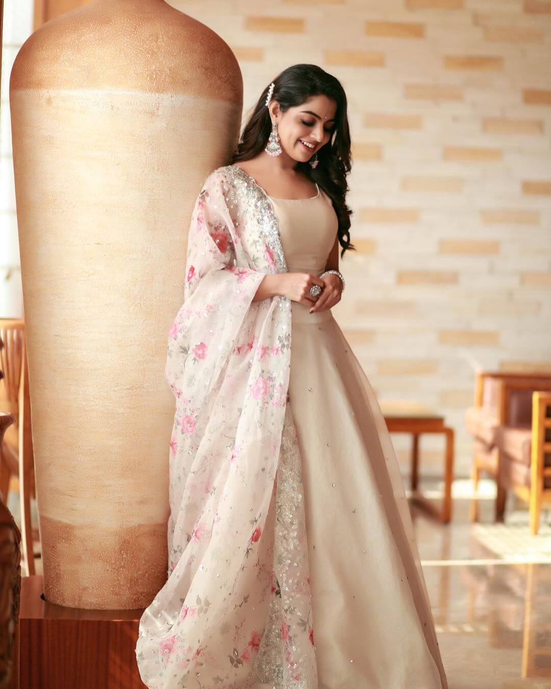  Nikhila Elegant Look In Cream Anarkali Suit With Heavy Embroidery Work Dupatta Outfit Nikhila Vimal Outfit and Fashion Inspo