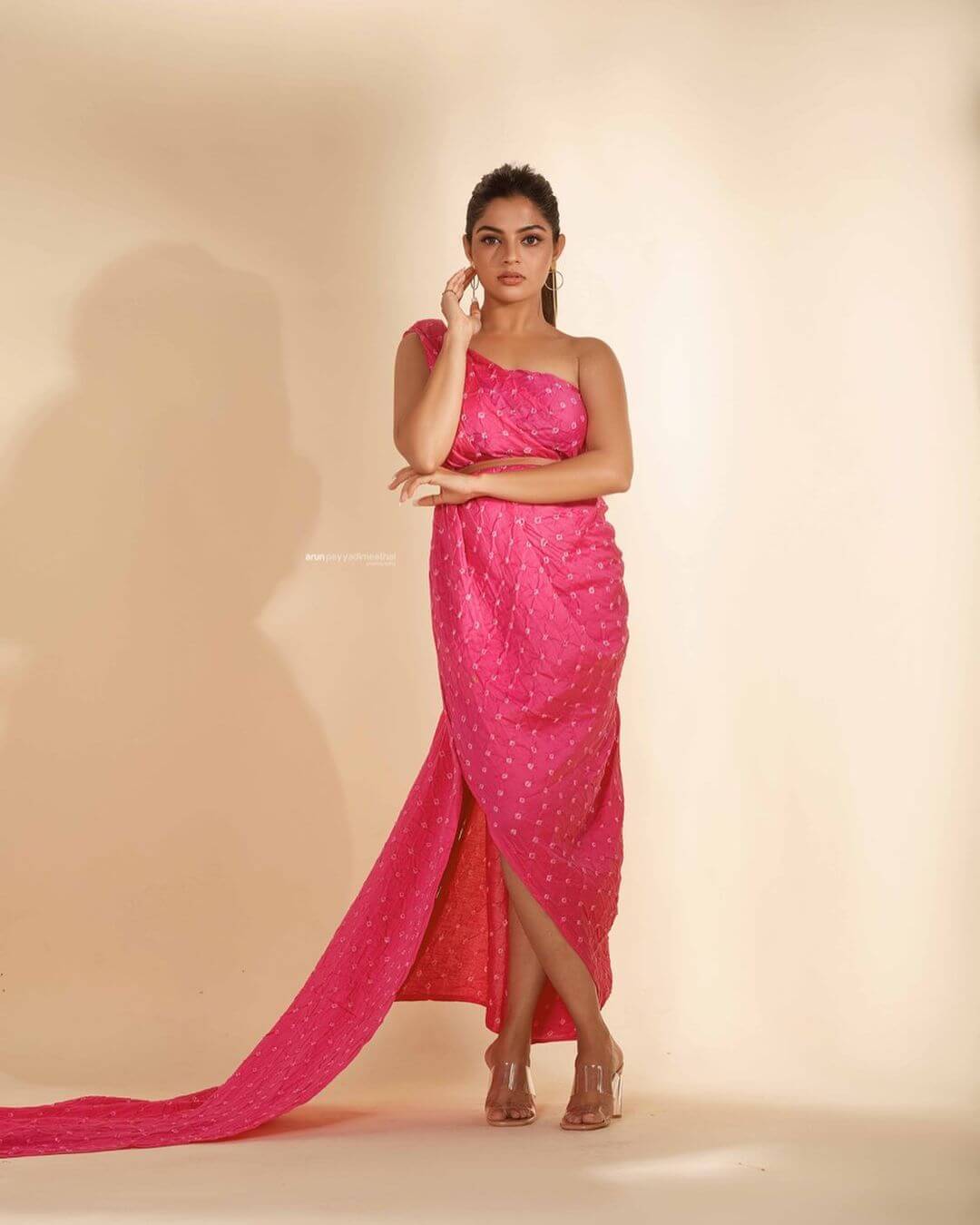 Nikhila Vimal In Beautiful Pink Wrapped Up One Shoulder Dress Outfit